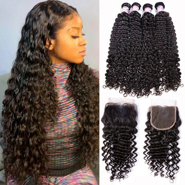 GS Virgin Hair Deep Curly 4 Bundles with 5x5 Free Part HD Lace Closure Natural Black